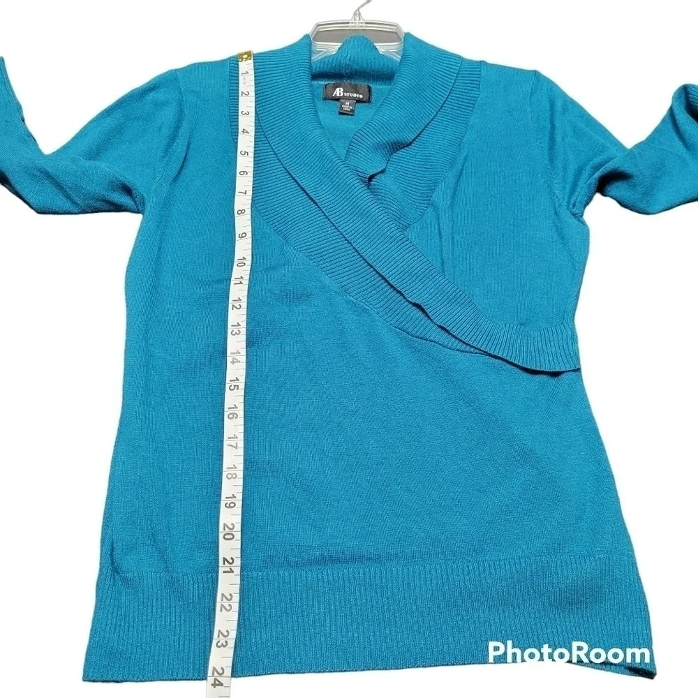 AB Studio Faux Wrap‎ V-neckline Blue-Green 3/4 Sleeve Knit Sweater Top Size M